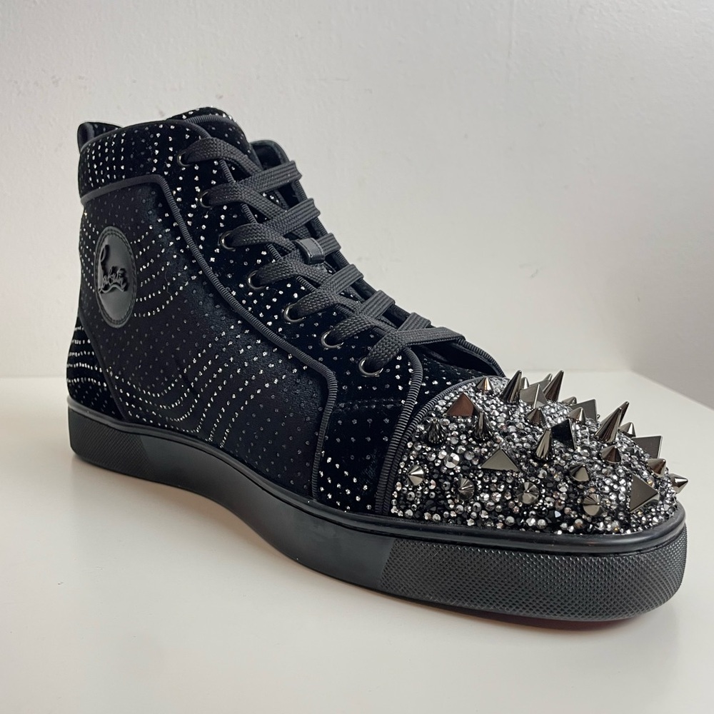 Christian Louboutin High Top Sneaker Men’s 44.5 Black Lou Pik Pik Suede Velvet